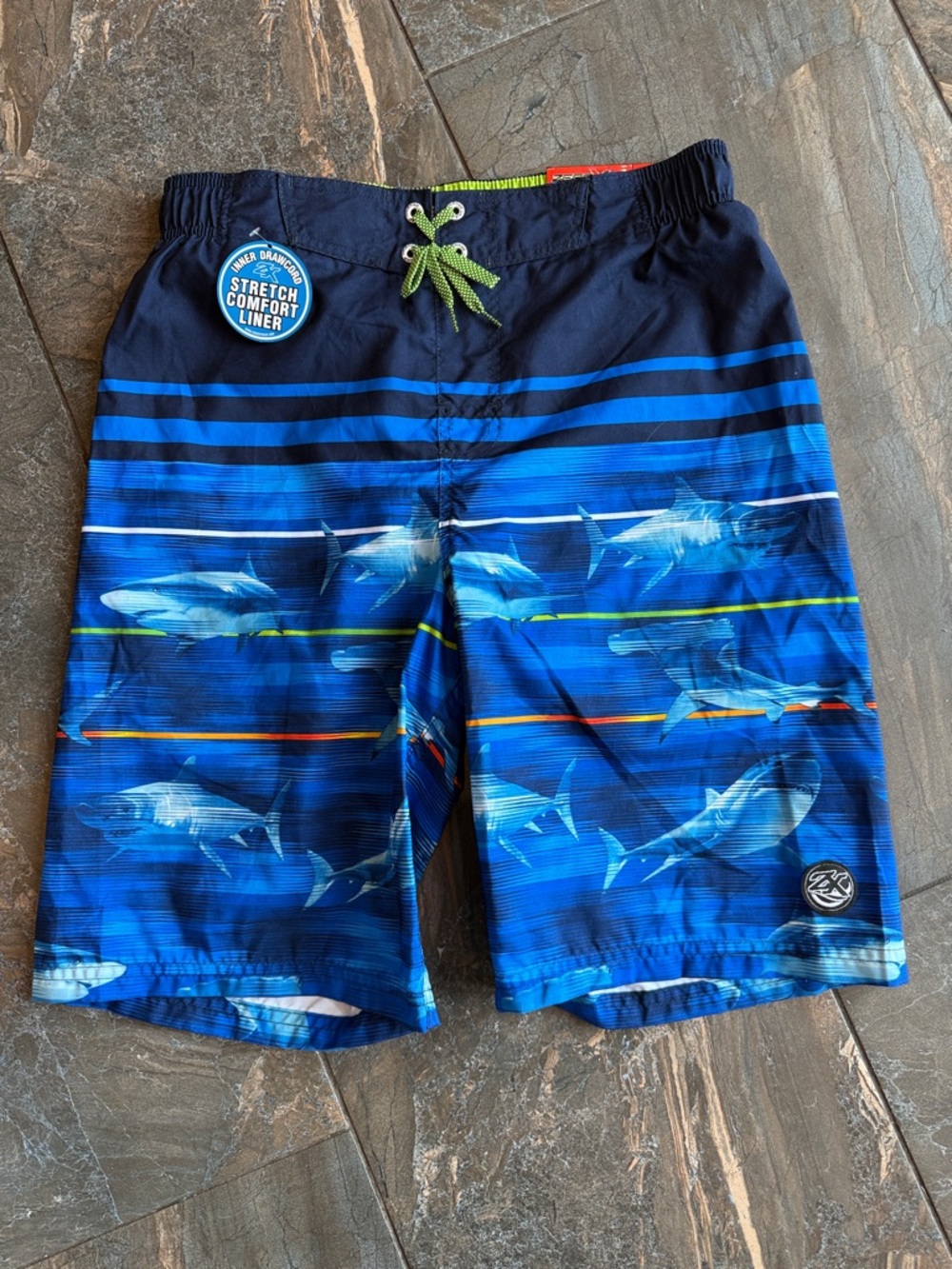 NWT Zeroxposur Boys Blue Shark Board Swim Trunks w/ stretch liner Size XL 18/20